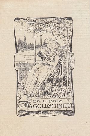 Bild des Verkufers fr Ex Libris Guida Goldschmiedt. Sitzend Lesende, dahinter der Stefansdom in Wien. zum Verkauf von Antiquariat  Braun