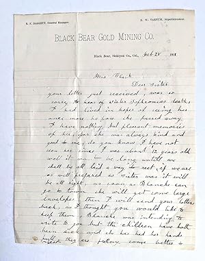 1911 Letter BLACK BEAR GOLD MINING CO., SAWYERS BAR, SISKIYOU COUNTY, CALIFORNIA, WHITING FAMILY,...