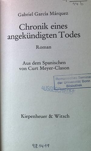 Immagine del venditore per Chronik eines angekndigten Todes : Roman. venduto da books4less (Versandantiquariat Petra Gros GmbH & Co. KG)