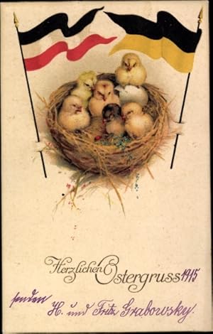 Ansichtskarte / Postkarte Glückwunsch Ostern, Küken im Nest, Fahnen