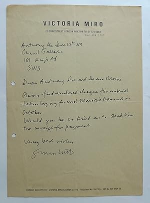 Signed autograph letter from Simon Cutts to Anthony Roe of Chenil Galleries. On Victoria Miro hea...