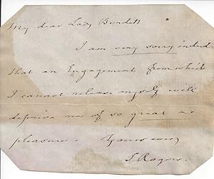 Imagen del vendedor de [Samuel Rogers ('The Banker Poet')] Autograph Note Signed to Lady Burdett, declining with regret an invitation that would have given him pleasure. a la venta por Richard M. Ford Ltd