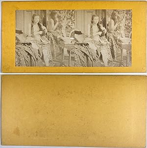 Femme nue se brossant les cheveux, Vintage albumen print, ca.1870, stéréo