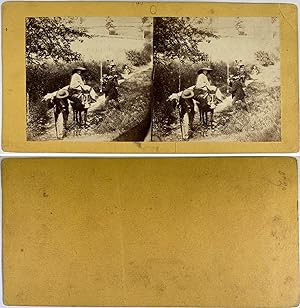 Femme à dos d'âne, Vintage albumen print, ca.1870, Stéréo