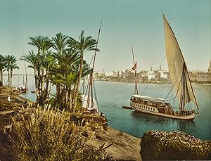 P.Z Photochrom Zurich, Egypte, Le Caire. Bord du Nil près de Boulac, Dahabieh faisant voile.