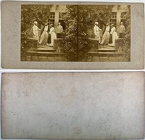 Groupe d'amis dehors, Vintage albumen print, ca.1890, Stéréo