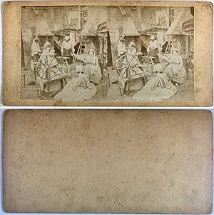 Femmes et leurs rouets, Vintage albumen print, ca.1880, Stéréo