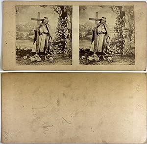 Femme avec une croix et un crâne, Vintage albumen print, ca.1880, stéréo