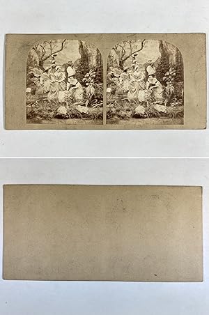 Théâtre, Comédiens jouant une scène champêtre, Vintage albumen print, ca.1860, Stéréo
