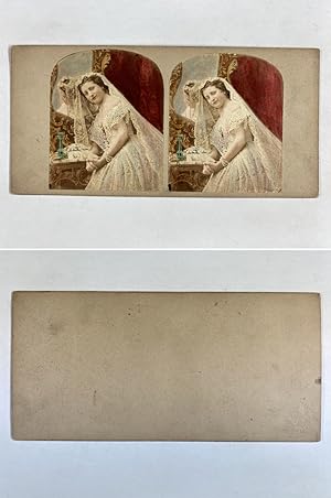 Portrait de la Mariée devant un miroir, Vintage albumen print, ca.1860, Stéréo