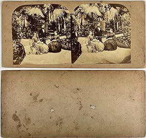 Amies sur un banc dans un parc, Vintage albumen print, ca.1860, Stéréo