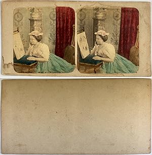 Jeune femme observant une image, Vintage albumen print, ca.1860, Stéréo