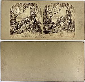 Scène de chasse en costumes Écossais, Vintage albumen print, ca.1880, Stéréo