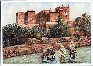 Maroc, Aquarelle de Casbah sur l'Oued-Draâ, vintage carte postale, ca.1935
