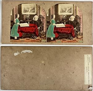 Jeune fille lisant le journal à un vieillard, Vintage albumen print, ca.1860, stéréo