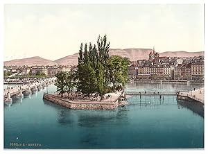 Suisse, Lac Léman, Genève, Île J.J. Rousseau et le Mont-Blanc