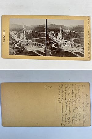 Lourdes, Vue générale de la Basilique Notre-Dame-du-Rosaire, Vintage citrate print, ca.1900, Stéréo