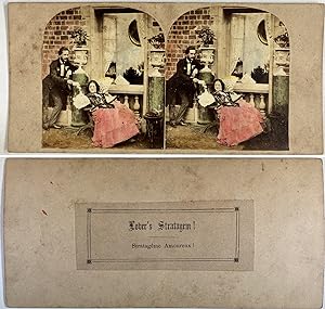 Homme amoureux donnant une lettre à une femme, Vintage albumen print, ca.1880, stéréo