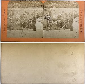 Photo de groupe avec cerceau, Vintage albumen print, ca.1880, stéréo