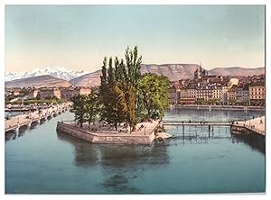 Suisse, Lac Léman, Genève, Île J.J. Rousseau et le Mont-Blanc