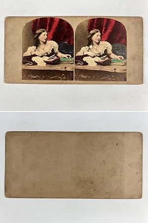 Femme entourée de livres, Vintage albumen print, ca.1860, Stéréo