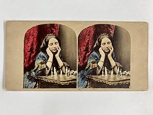 Jeune femme jouant aux échecs, Vintage albumen print, ca.1860, stéréo