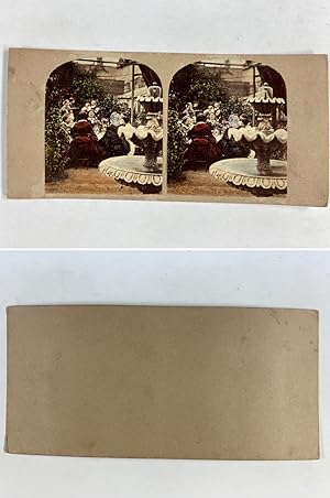 Fontaine et groupe d'amis déjeunant dehors, Vintage albumen print, ca.1860, Stéréo