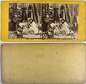 Deux femmes tirant aux cartes, Vintage albumen print, ca.1870, stéréo