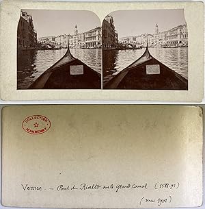 Venise, Pont du Rialto depuis une gondole, Vintage citrate print, mai 1901, Stéréo