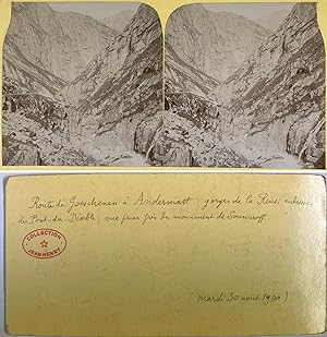 Suisse, Andermatt, Gorge de la Reuss, Vintage citrate print, août 1904, Stéréo