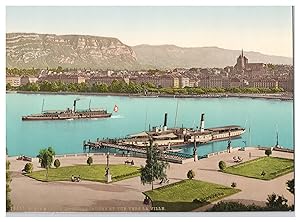 Suisse, Lac Léman, Genève, le débarcadère et vue sur la ville