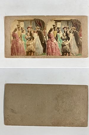 Homme à genoux devant entourage, Vintage albumen print, ca.1860, Stéréo