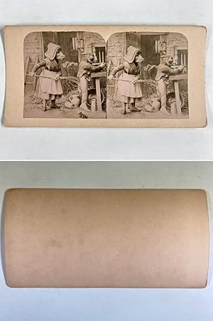 Scène, En costume de vache et ours, Vintage albumen print, ca.1860, Stéréo