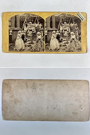 Scène, Jeu avec une balançoire, Vintage albumen print, ca.1860, Stéréo
