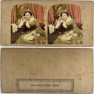 Portrait jeune femme chez elle, Vintage albumen print, ca.1860, Stéréo