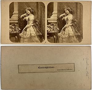 Femme contemplant un bouquet de fleurs, Vintage albumen print, ca.1860, Stéréo