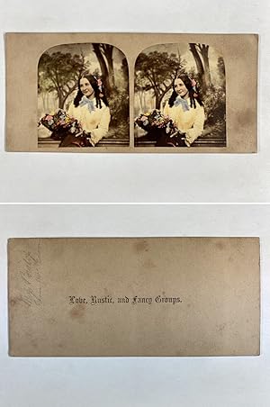 Jeune femme au fleurs, Vintage albumen print, ca.1860, Stéréo