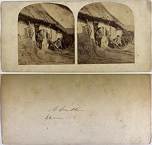 Garçons devant une maison en toit de chaume, Vintage albumen print, ca.1860, Stéréo