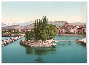 Suisse, Lac Léman, Genève, Île J.J. Rousseau et le Mont-Blanc