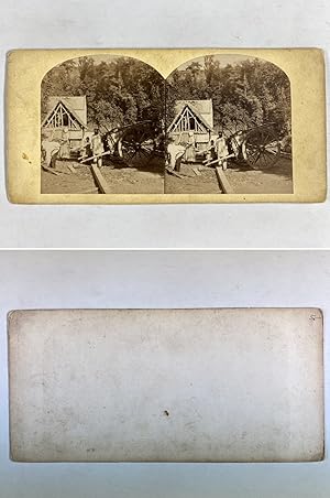 Famille de paysans travaillant près d'une charrette, Vintage albumen print, ca.1860, Stéréo