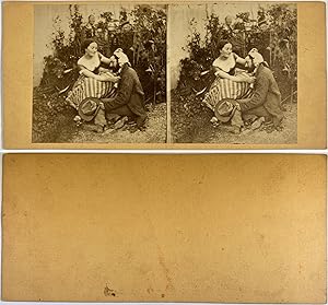 Femme mettant son bonnet sur son amoureux, Vintage albumen print, ca.1860, Stéréo