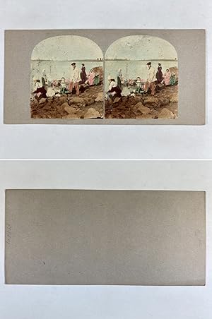 Femmes lavant le linge sur la grève, Vintage albumen print, ca.1860, Stéréo
