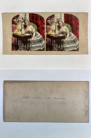 Femme levant son masque, Vintage albumen print, ca.1860, Stéréo