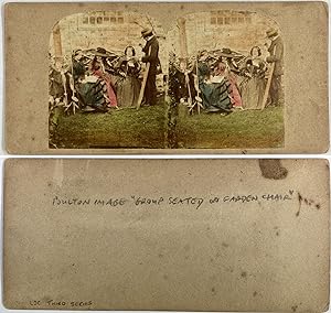 Angleterre, Groupe assis dans un jardin à Poulton, Vintage albumen print, ca.1856, Stéréo