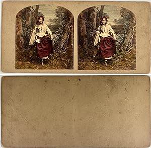 Femme en costume avec un tambourin, Vintage albumen print, ca.1860, Stéréo