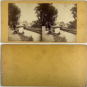 Hommes près d'une rivière, Vintage albumen print, ca.1880, Stéréo