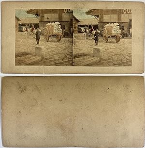 Ouvriers chargeant des marchandises dans une charrette, Vintage albumen print, ca.1870, Stéréo