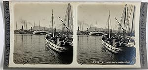 Espagne, Barcelone, le Port et le Montjuïc, Vintage silver print, ca.1900, Stéréo