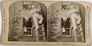 Scène, homme dans une échelle, Vintage albumen print, ca.1880, Stéréo
