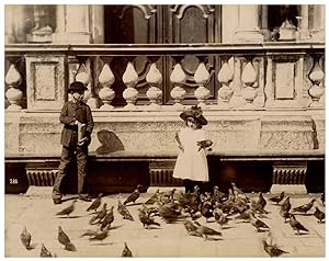 Italie, Venezia, bambina e bambino danno il grano ai piccioni, Piazza San Marco